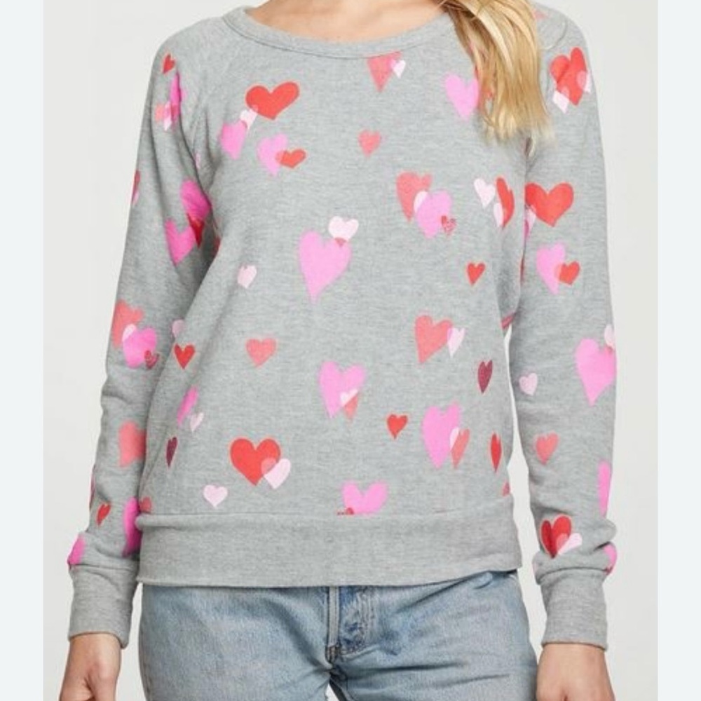NWT Chaser Love Hearts Sustainable Bliss Knit Pullover Heather Grey Pink Small